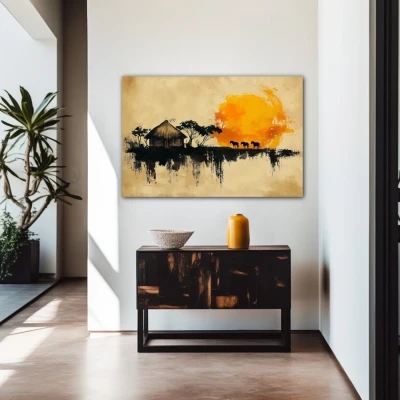 Wall Art titled: Abode of the Ancestral Sun in a Horizontal format with: Yellow, Orange, and Beige Colors; Decoration the Entryway wall