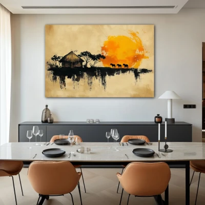 Wall Art titled: Abode of the Ancestral Sun in a Horizontal format with: Yellow, Orange, and Beige Colors; Decoration the Living Room wall