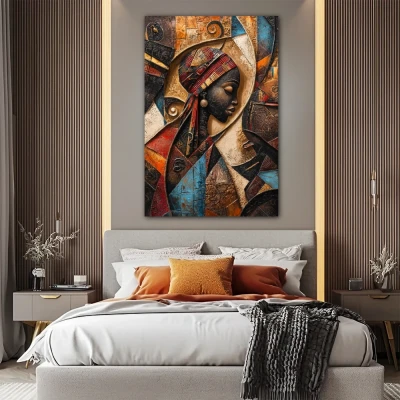 Wall Art titled: Echoes of the Tribal Soul in a  format with: Brown, Orange, and Beige Colors; Decoration the Bedroom wall