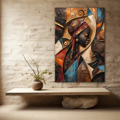 Cuadro Ecos del Alma Tribal en formato vertical con colores Marrón, Naranja, Beige; Decorando Pared piedra