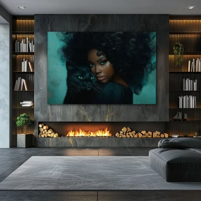 Wall Art titled: Ethereal Union in a format with: Sky blue, and Black Colors; Decoration the Fireplace wall Wall Art titled: Ethereal Union in a format with: Sky blue, and Black Colors; Decoration the Fireplace wall