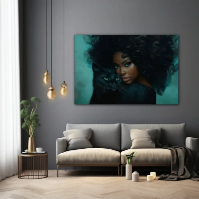 Wall Art titled: Ethereal Union in a Horizontal format with: Sky blue, and Black Colors; Decoration the Grey Walls wall