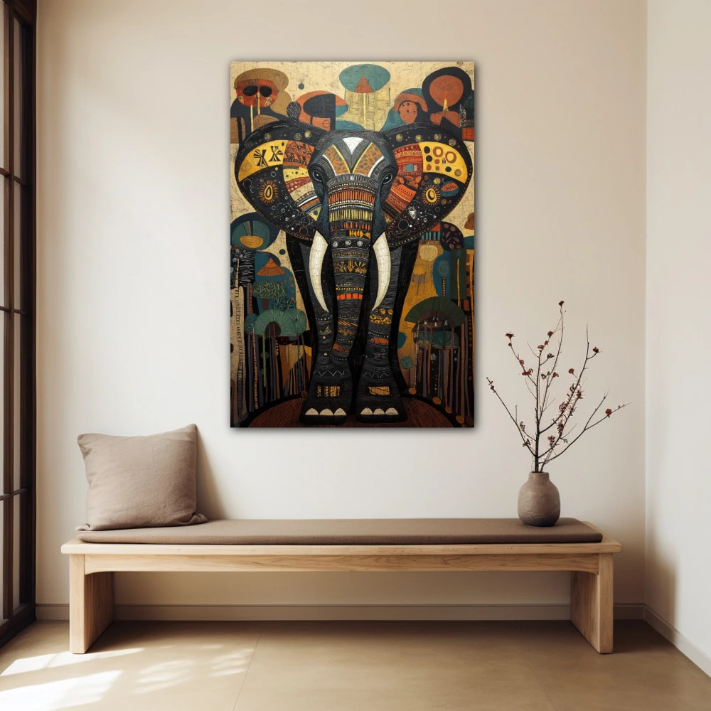 Wall Art titled: Dreamlike Elephant in a Vertical format with: Yellow, Blue, and Grey Colors; Decoration the Beige Wall wall