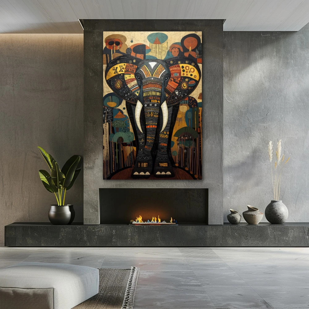 Wall Art titled: Dreamlike Elephant in a Vertical format with: Yellow, Blue, and Grey Colors; Decoration the Fireplace wall