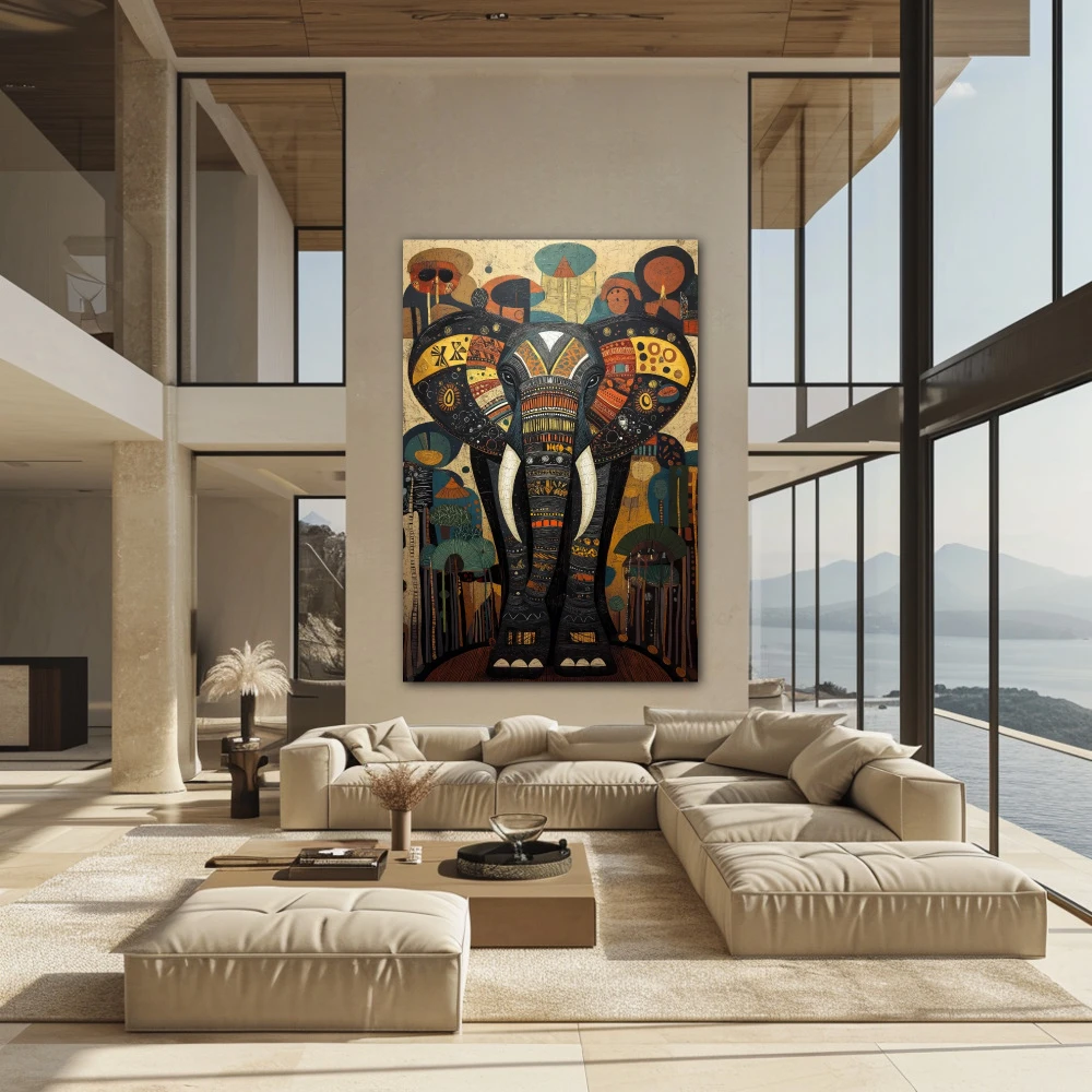 Wall Art titled: Dreamlike Elephant in a Vertical format with: Yellow, Blue, and Grey Colors; Decoration the Above Couch wall