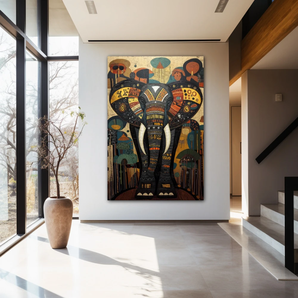 Wall Art titled: Dreamlike Elephant in a Vertical format with: Yellow, Blue, and Grey Colors; Decoration the Entryway wall