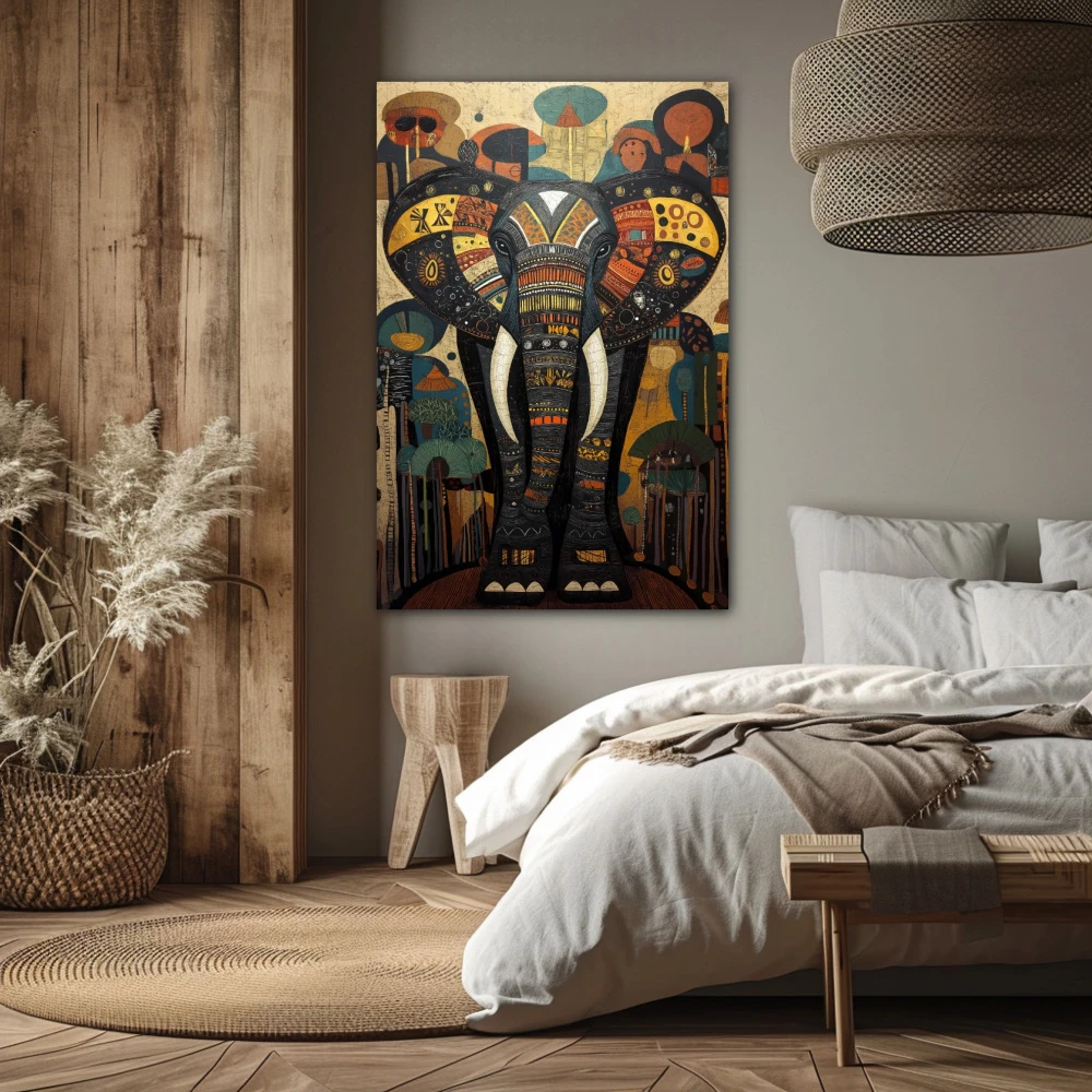 Wall Art titled: Dreamlike Elephant in a Vertical format with: Yellow, Blue, and Grey Colors; Decoration the Bedroom wall