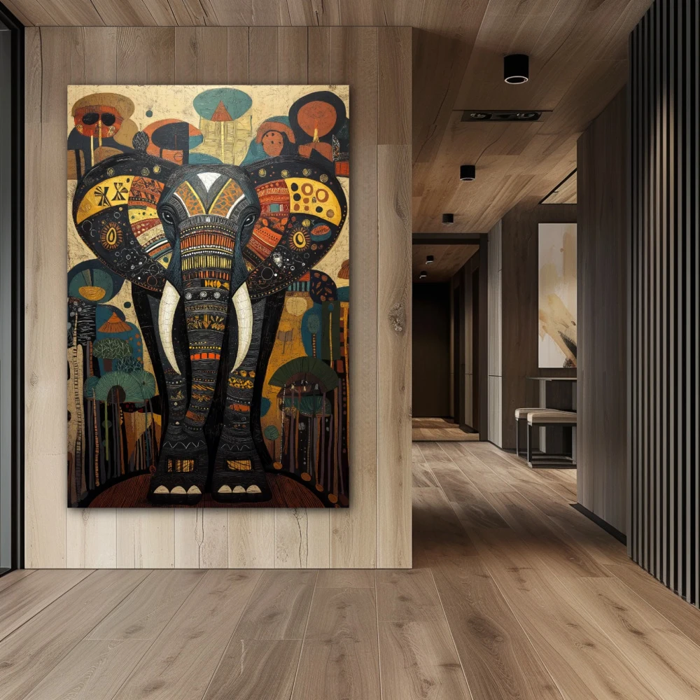 Wall Art titled: Dreamlike Elephant in a Vertical format with: Yellow, Blue, and Grey Colors; Decoration the Hallway wall