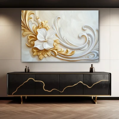 Wall Art titled: Echoes of the Rococo in a Horizontal format with: white, and Golden Colors; Decoration the Sideboard wall