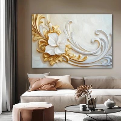 Wall Art titled: Echoes of the Rococo in a Horizontal format with: white, and Golden Colors; Decoration the Beige Wall wall