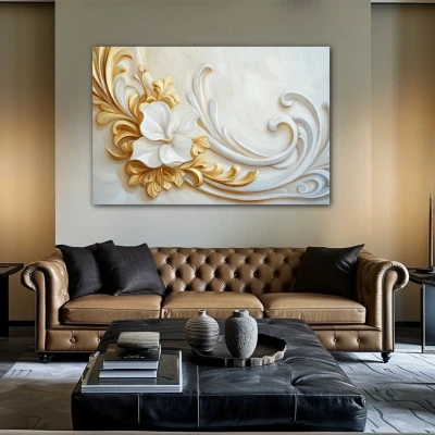 Wall Art titled: Echoes of the Rococo in a Horizontal format with: white, and Golden Colors; Decoration the Above Couch wall