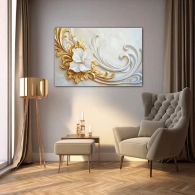 Wall Art titled: Echoes of the Rococo in a Horizontal format with: white, and Golden Colors; Decoration the Living Room wall