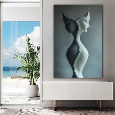 Wall Art titled: Duality of the Soul in a  format with: Blue, white, and Grey Colors; Decoration the Sideboard wall