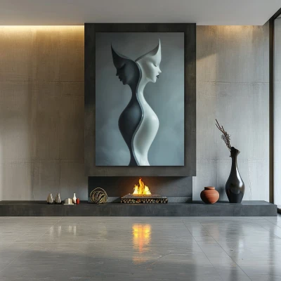 Wall Art titled: Duality of the Soul in a Vertical format with: Blue, white, and Grey Colors; Decoration the Fireplace wall