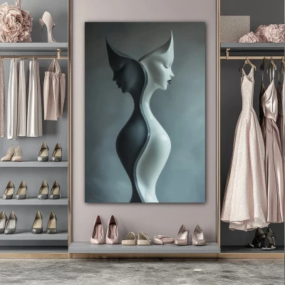 Wall Art titled: Duality of the Soul in a  format with: Blue, white, and Grey Colors; Decoration the Dressing Room wall