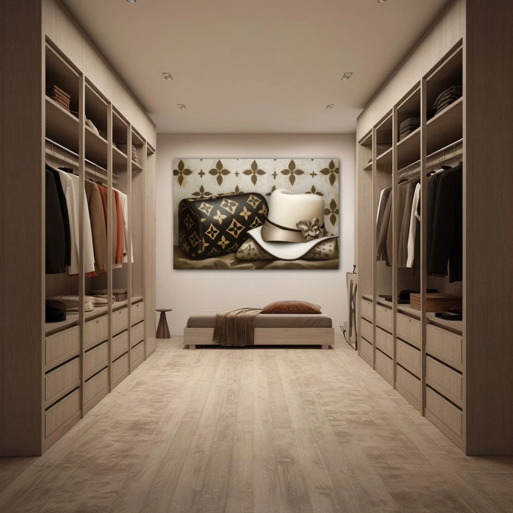 Cuadro delicadeza cautiva en formato horizontal con colores dorado, marrón, beige; decorando pared de vestidor