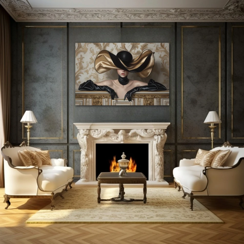 Cuadro vestigios de glamour en formato horizontal con colores blanco, dorado, negro; decorando pared de chimenea