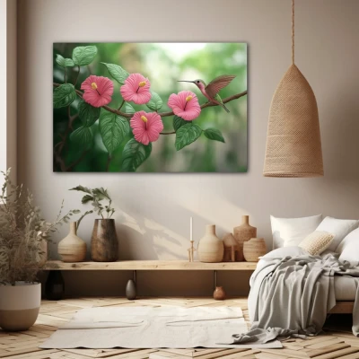 Cuadro corazón silvestre en formato horizontal con colores rosa, verde; decorando pared beige