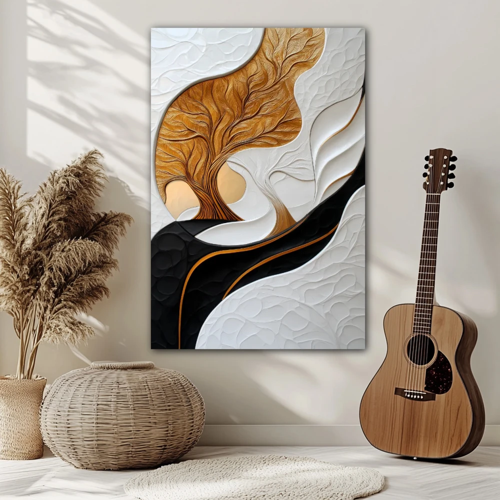 Cuadro ríos de vida en formato vertical con colores blanco, dorado; decorando pared blanca