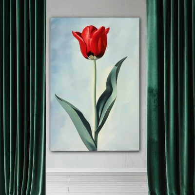 Cuadro fragancia intangible en formato vertical con colores gris, rojo; decorando pared blanca