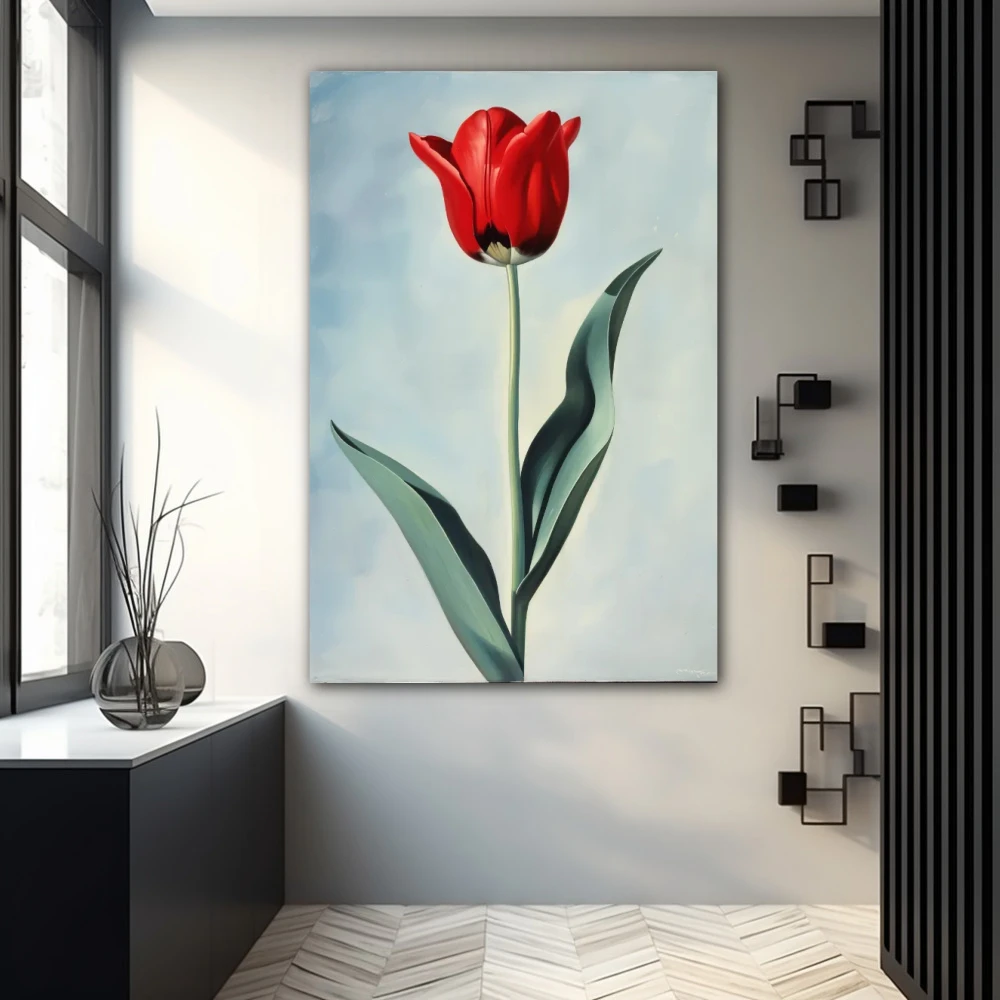 Cuadro fragancia intangible en formato vertical con colores gris, rojo; decorando pared gris