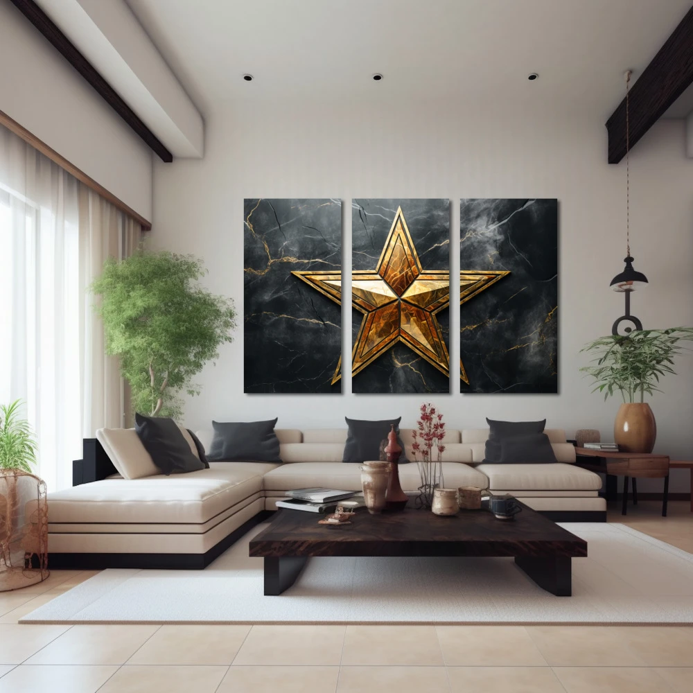 Cuadro eres mi única estrella en formato tríptico con colores dorado, gris, negro; decorando pared de encima del sofá