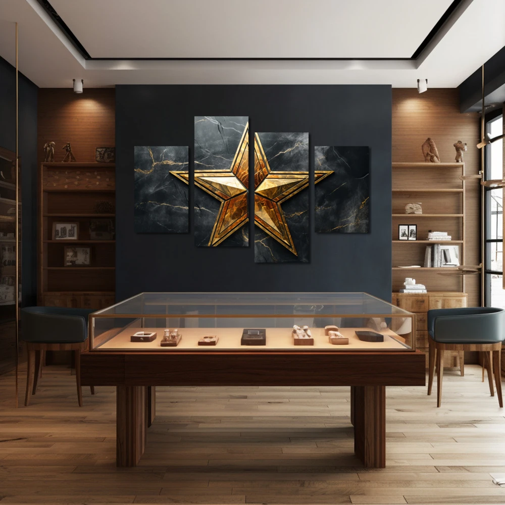 Cuadro eres mi única estrella en formato políptico con colores dorado, gris, negro; decorando pared de joyeria