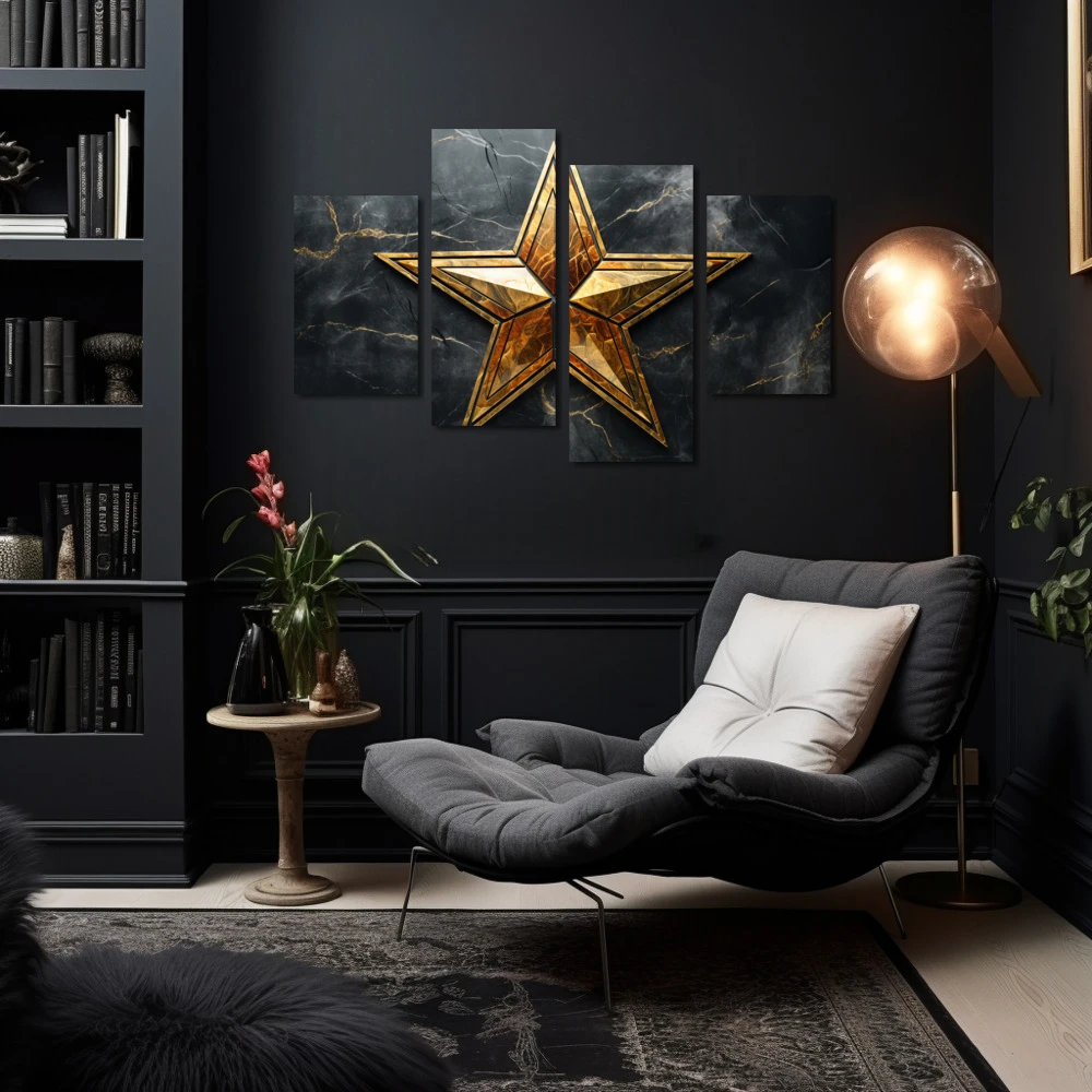 Cuadro eres mi única estrella en formato políptico con colores dorado, gris, negro; decorando pared negra