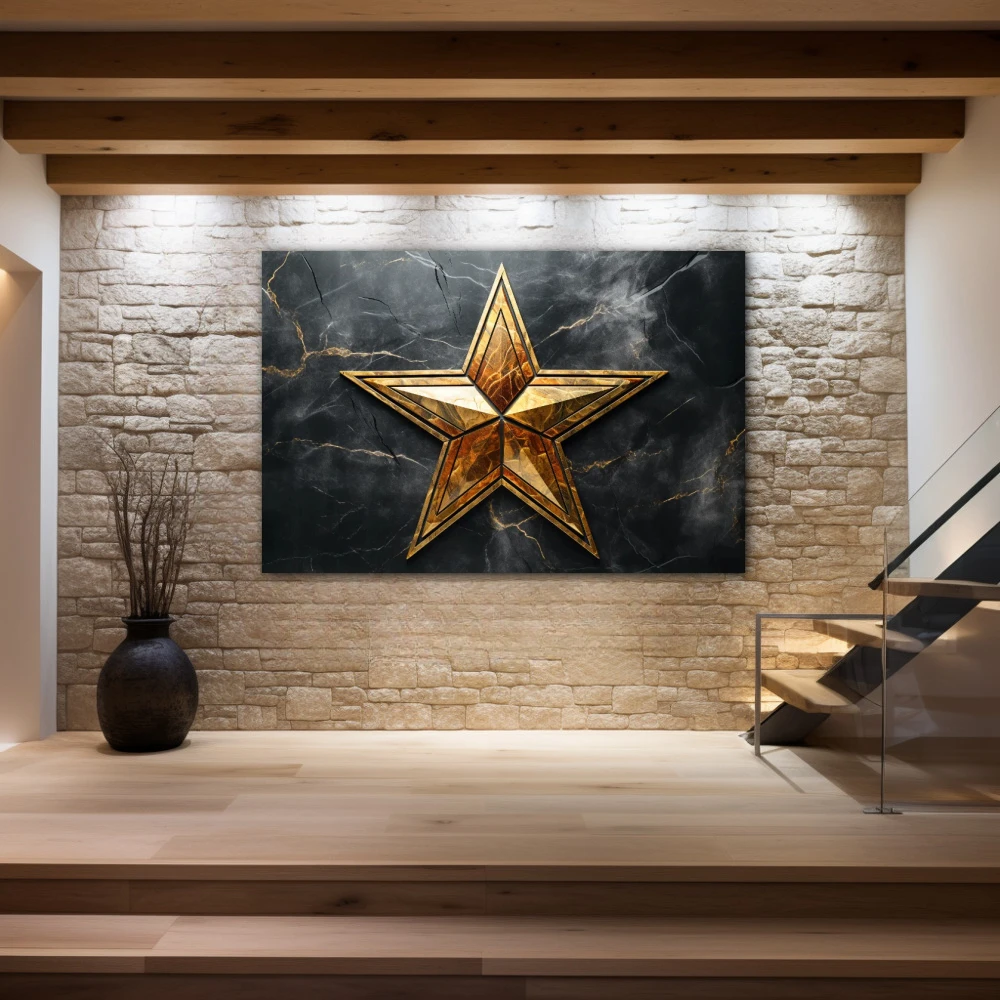 Cuadro eres mi única estrella en formato horizontal con colores dorado, gris, negro; decorando pared piedra