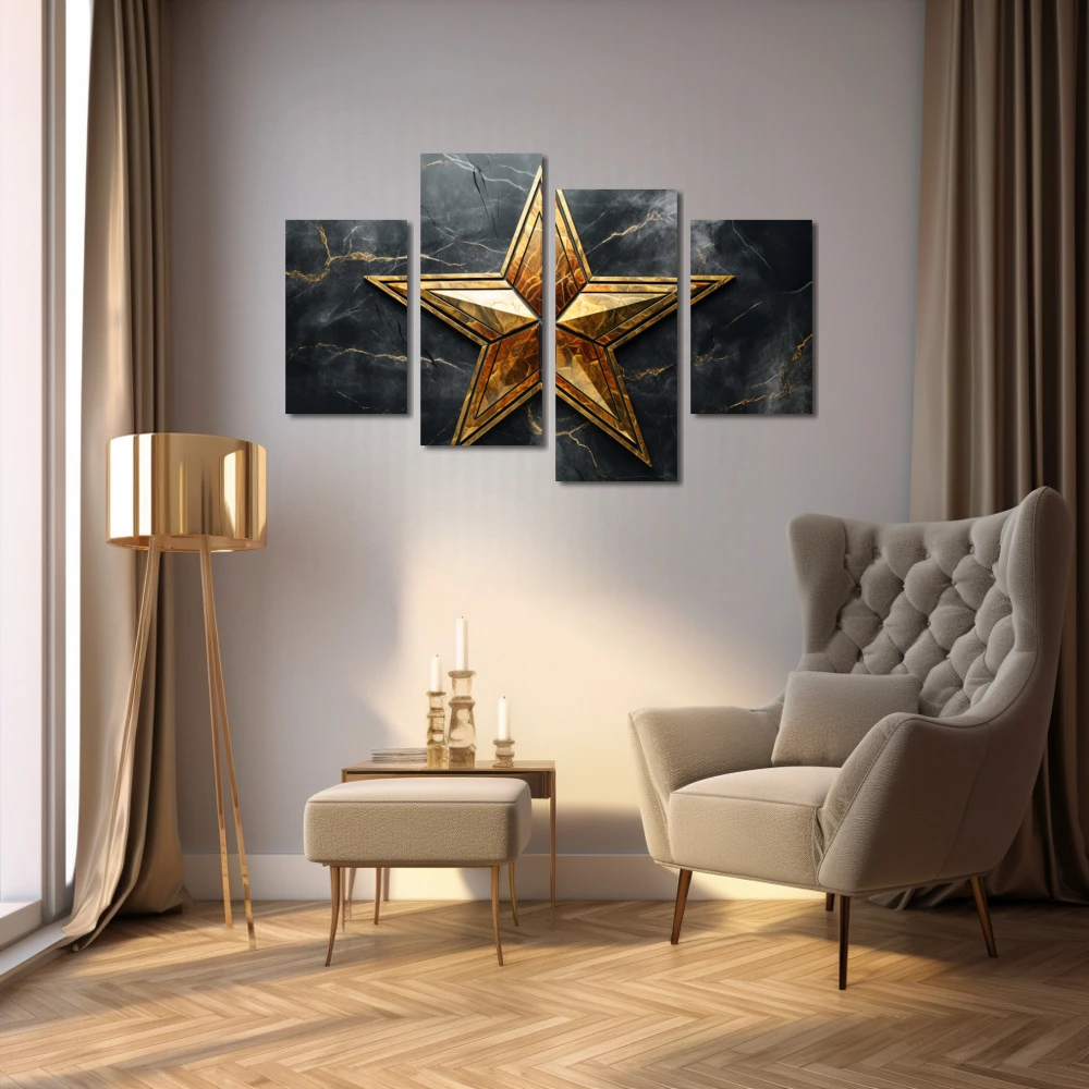 Cuadro eres mi única estrella en formato políptico con colores dorado, gris, negro; decorando pared de salón comedor