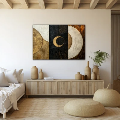 Wall Art titled: Cosmic Duality in a Horizontal format with: Golden, Grey, and Brown Colors; Decoration the Beige Wall wall