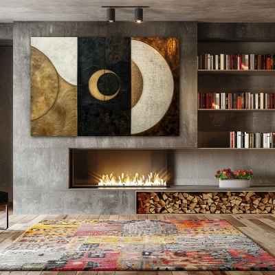 Wall Art titled: Cosmic Duality in a Horizontal format with: Golden, Grey, and Brown Colors; Decoration the Fireplace wall