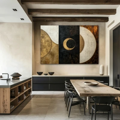 Wall Art titled: Cosmic Duality in a Horizontal format with: Golden, Grey, and Brown Colors; Decoration the Kitchen wall