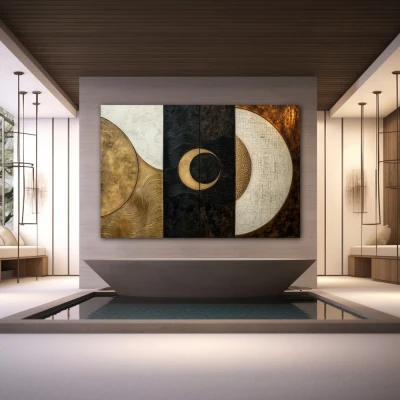 Wall Art titled: Cosmic Duality in a Horizontal format with: Golden, Grey, and Brown Colors; Decoration the Wellbeing wall