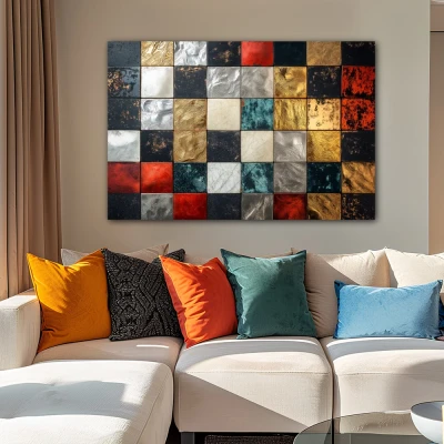 Cuadro Laberinto de Sentidos en formato horizontal con colores Dorado, Negro, Rojo; Decorando Pared beige