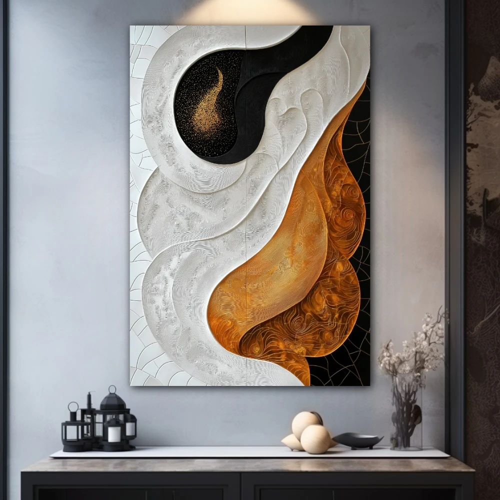 Cuadro alma y materia en formato vertical con colores blanco, dorado; decorando pared gris