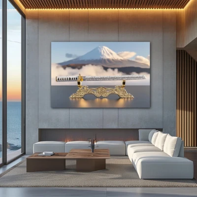 Wall Art titled: Essence of Honor in a Horizontal format with: white, Golden, and Grey Colors; Decoration the Above Couch wall