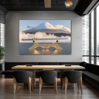 Wall Art titled: Essence of Honor in a Horizontal format with: white, Golden, and Grey Colors; Decoration the Restaurant wall