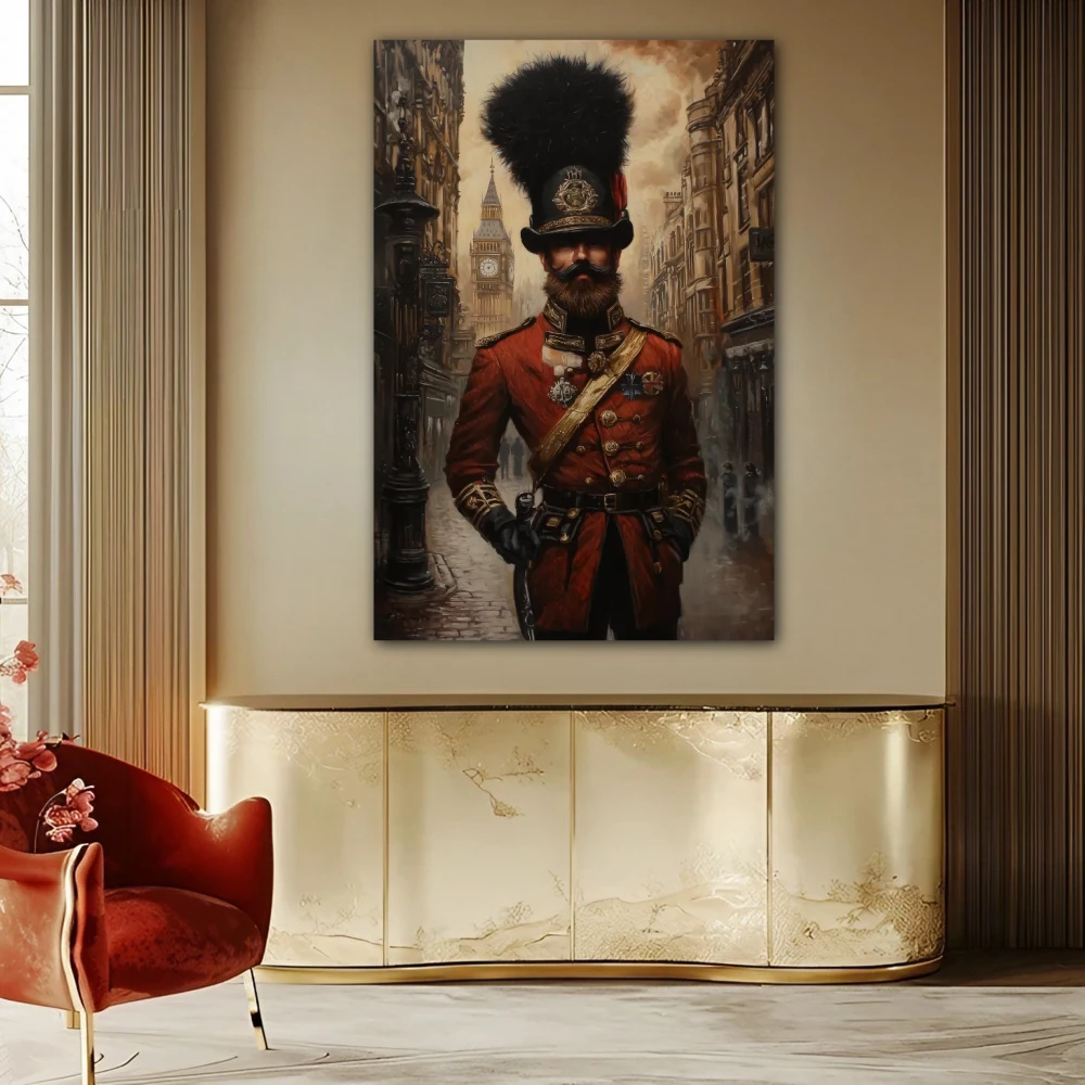 Wall Art titled: The Guardian of the Empire in a Vertical format with: Brown, and Red Colors; Decoration the Sideboard wall