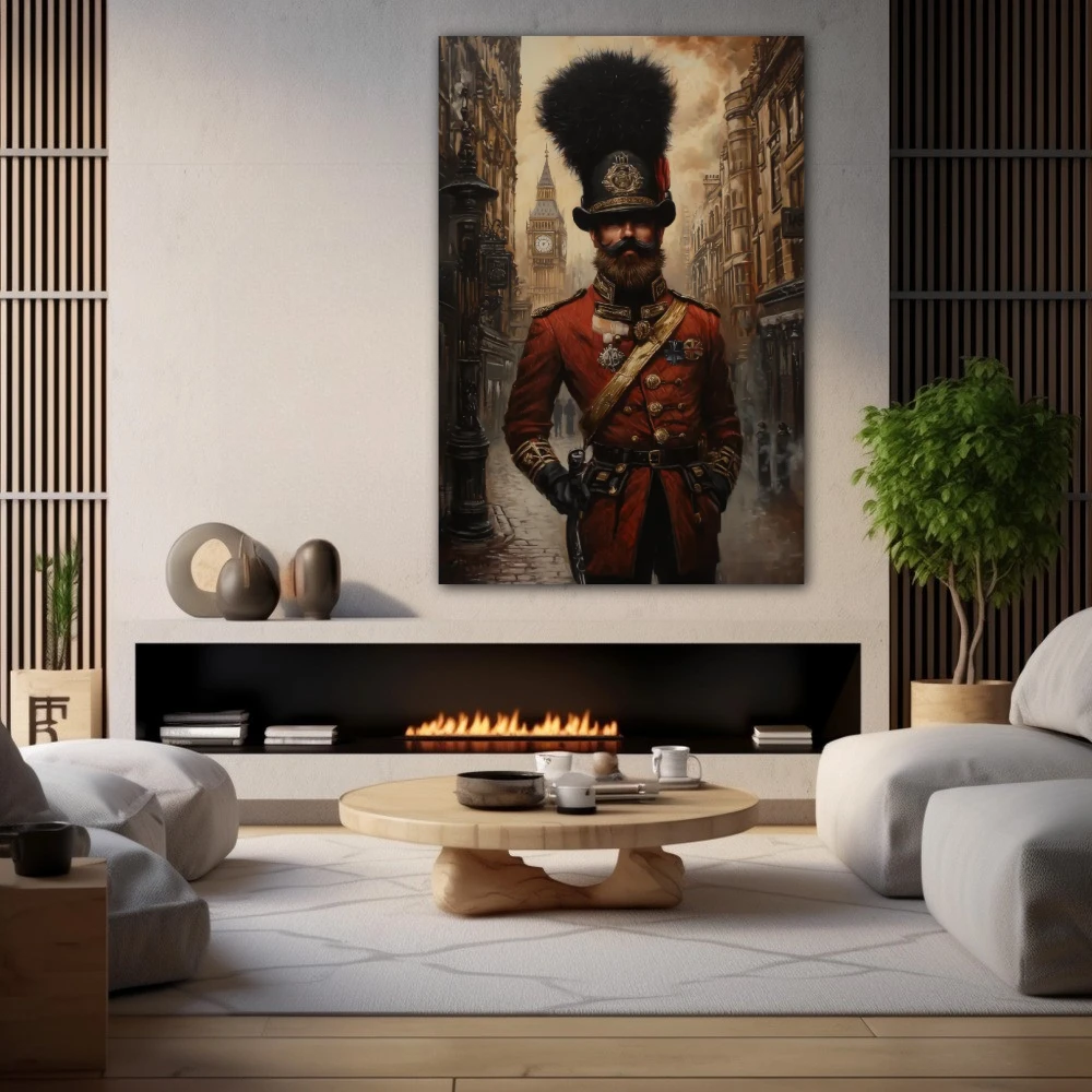 Wall Art titled: The Guardian of the Empire in a Vertical format with: Brown, and Red Colors; Decoration the Fireplace wall