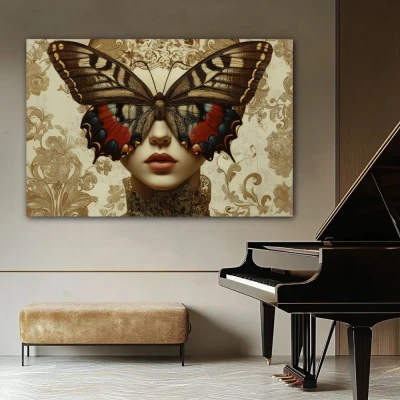 Wall Art titled: Winged Metamorphosis in a Horizontal format with: Brown, Beige, and Pastel Colors; Decoration the Beige Wall wall