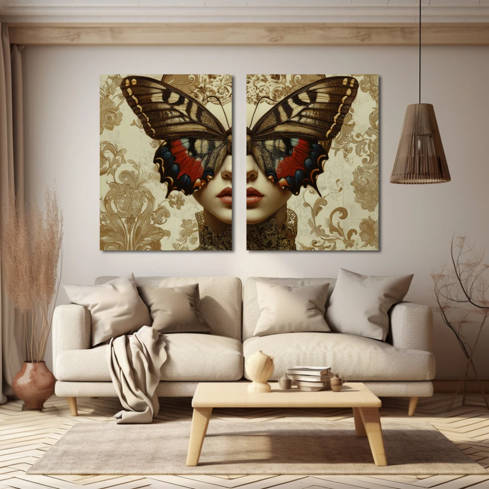 Wall Art titled: Winged Metamorphosis in a Horizontal format with: Brown, Beige, and Pastel Colors; Decoration the Beige Wall wall