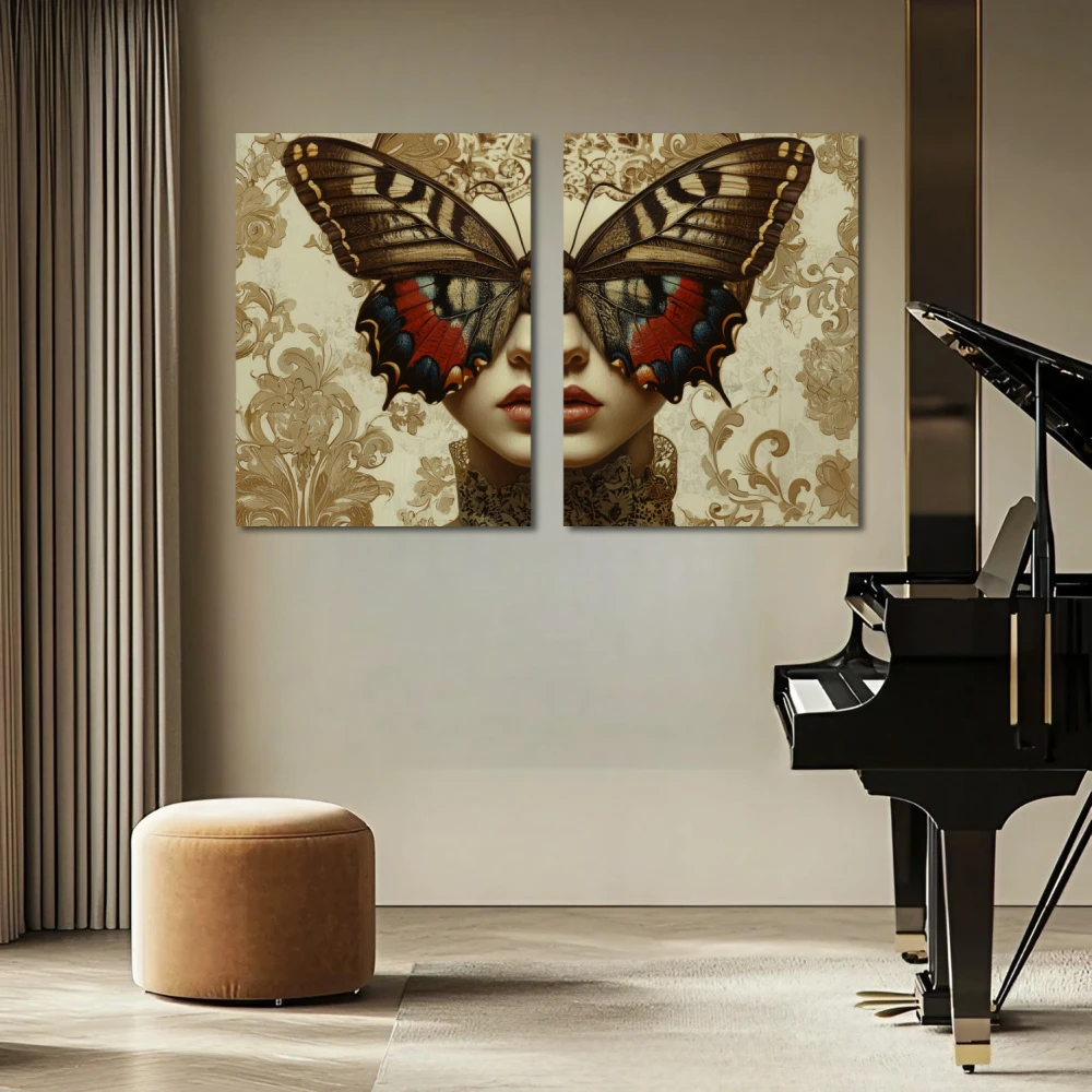 Wall Art titled: Winged Metamorphosis in a Horizontal format with: Brown, Beige, and Pastel Colors; Decoration the Beige Wall wall