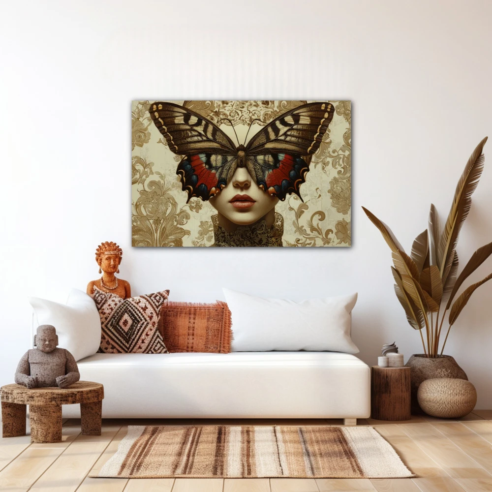 Wall Art titled: Winged Metamorphosis in a Horizontal format with: Brown, Beige, and Pastel Colors; Decoration the White Wall wall