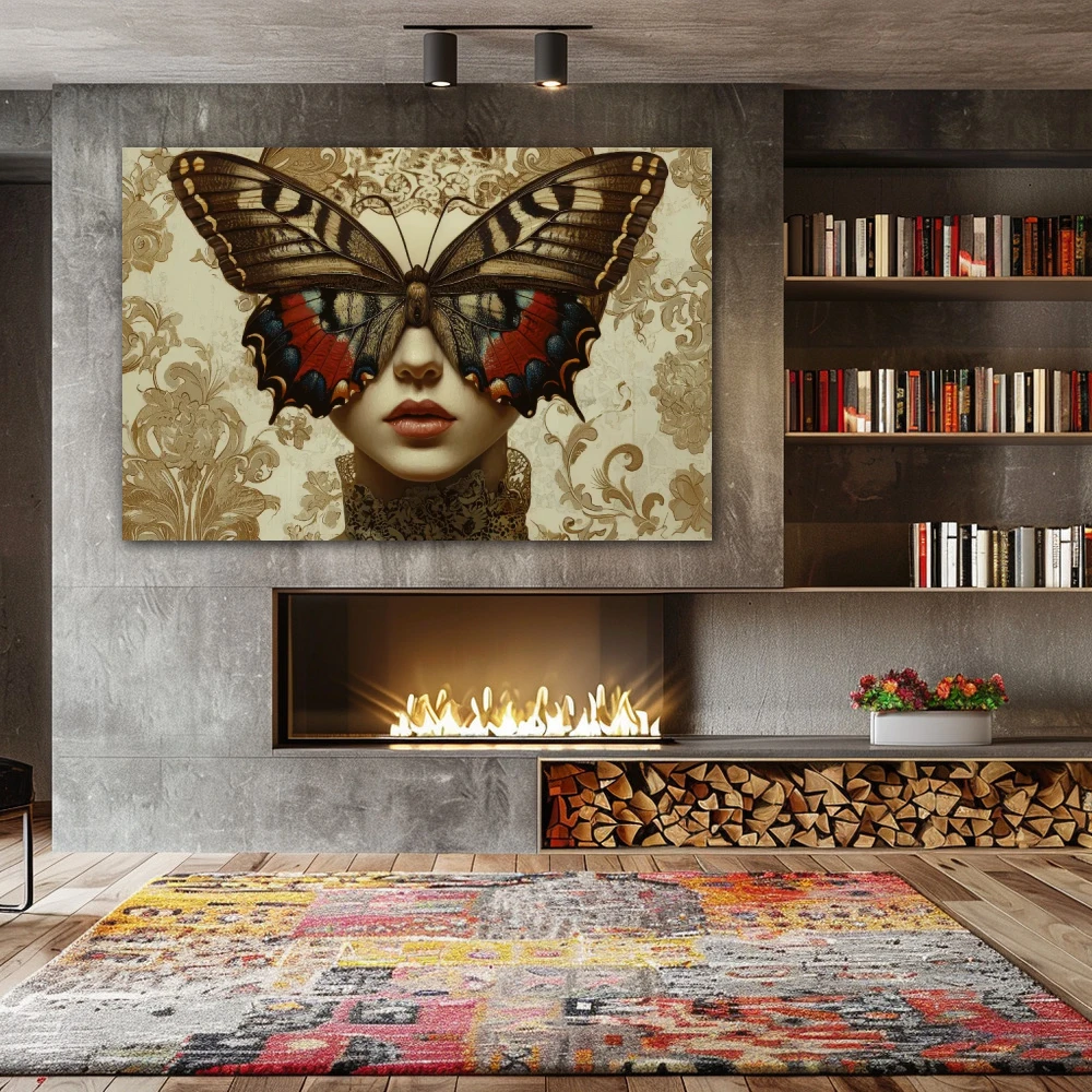 Wall Art titled: Winged Metamorphosis in a Horizontal format with: Brown, Beige, and Pastel Colors; Decoration the Fireplace wall