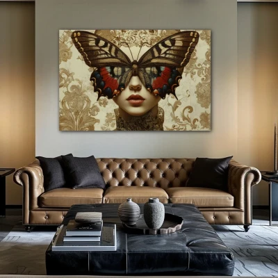 Wall Art titled: Winged Metamorphosis in a Horizontal format with: Brown, Beige, and Pastel Colors; Decoration the Above Couch wall