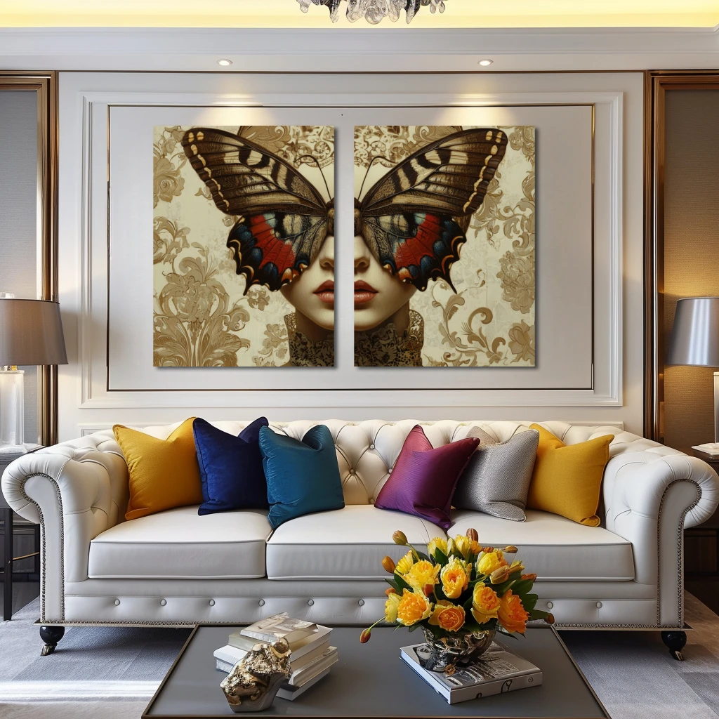 Wall Art titled: Winged Metamorphosis in a Horizontal format with: Brown, Beige, and Pastel Colors; Decoration the Above Couch wall