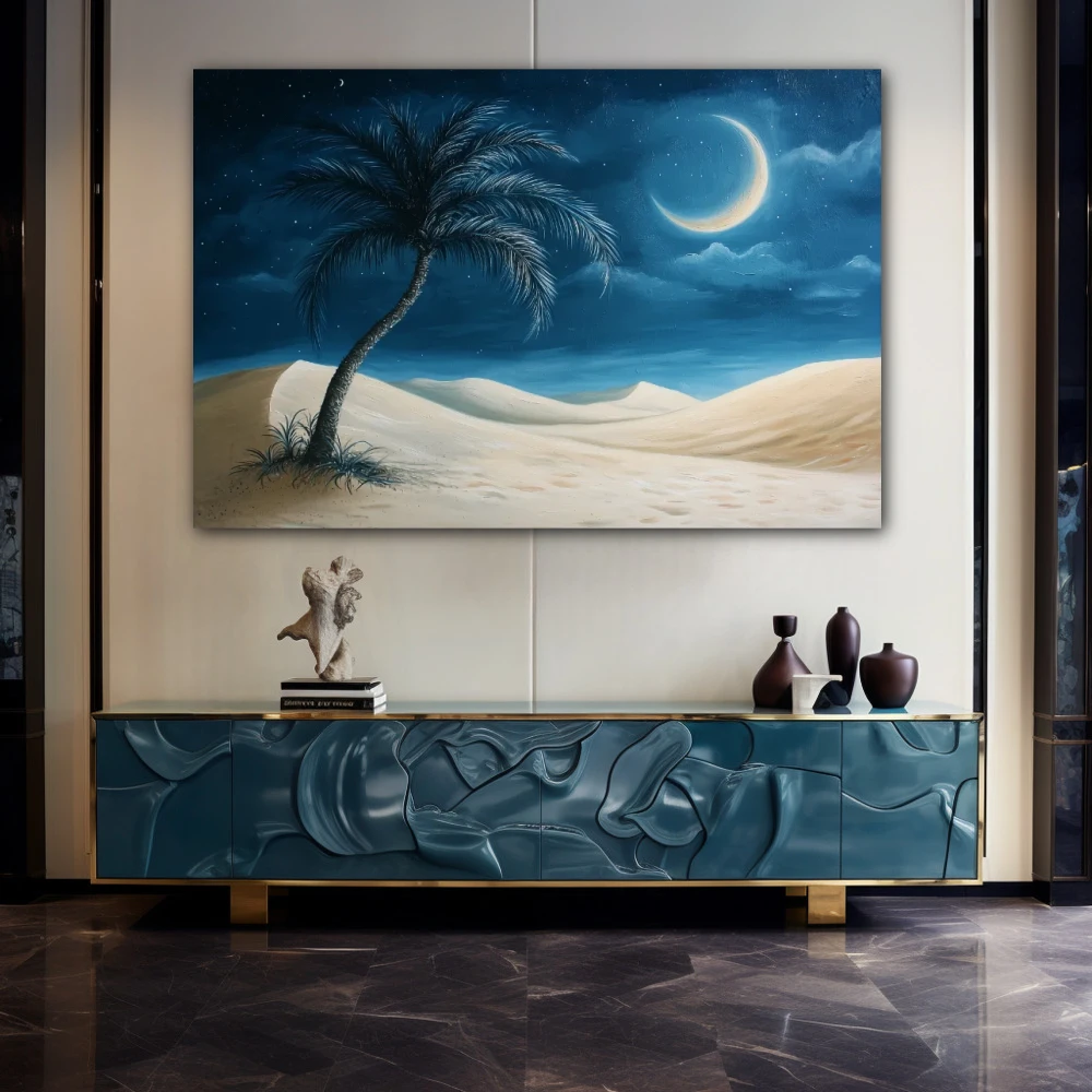 Wall Art titled: Dreams Under the Moon in a Horizontal format with: Beige, and Navy Blue Colors; Decoration the Sideboard wall