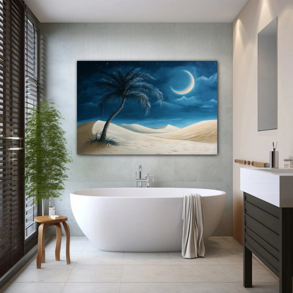 Wall Art titled: Dreams Under the Moon in a Horizontal format with: Beige, and Navy Blue Colors; Decoration the Bathroom wall