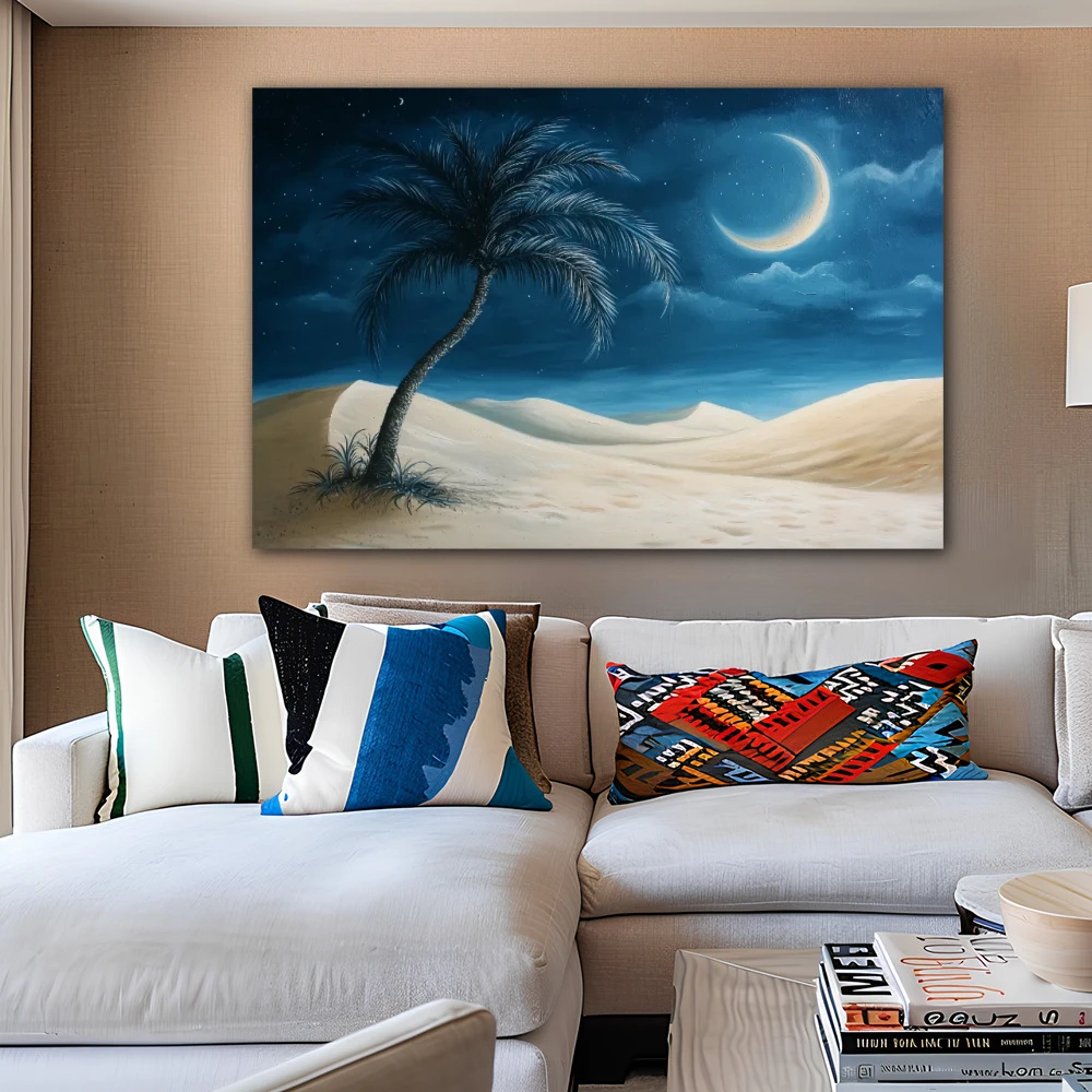 Wall Art titled: Dreams Under the Moon in a Horizontal format with: Beige, and Navy Blue Colors; Decoration the Beige Wall wall